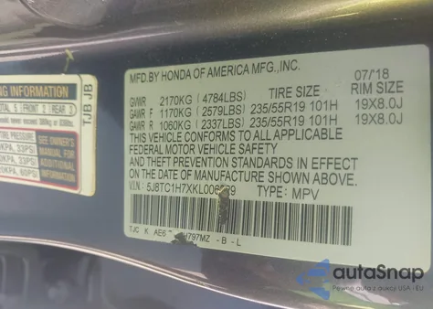 2019 Acura Rdx Advance Package z USA, uszkodzony, nr VIN 5J8TC1H7XKL006029